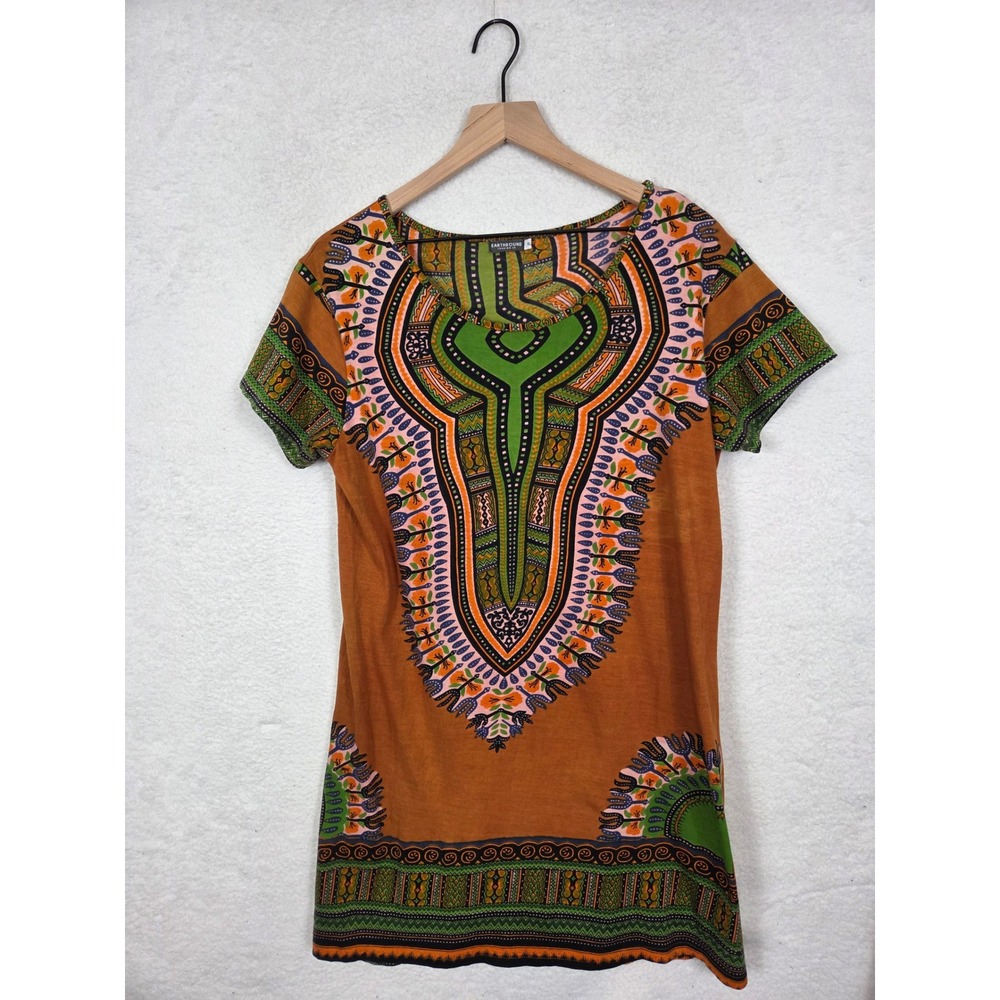 Earthbound Trading Co Women XL Dashiki Print Tunic Dress Indie Grune Ethnic Boho